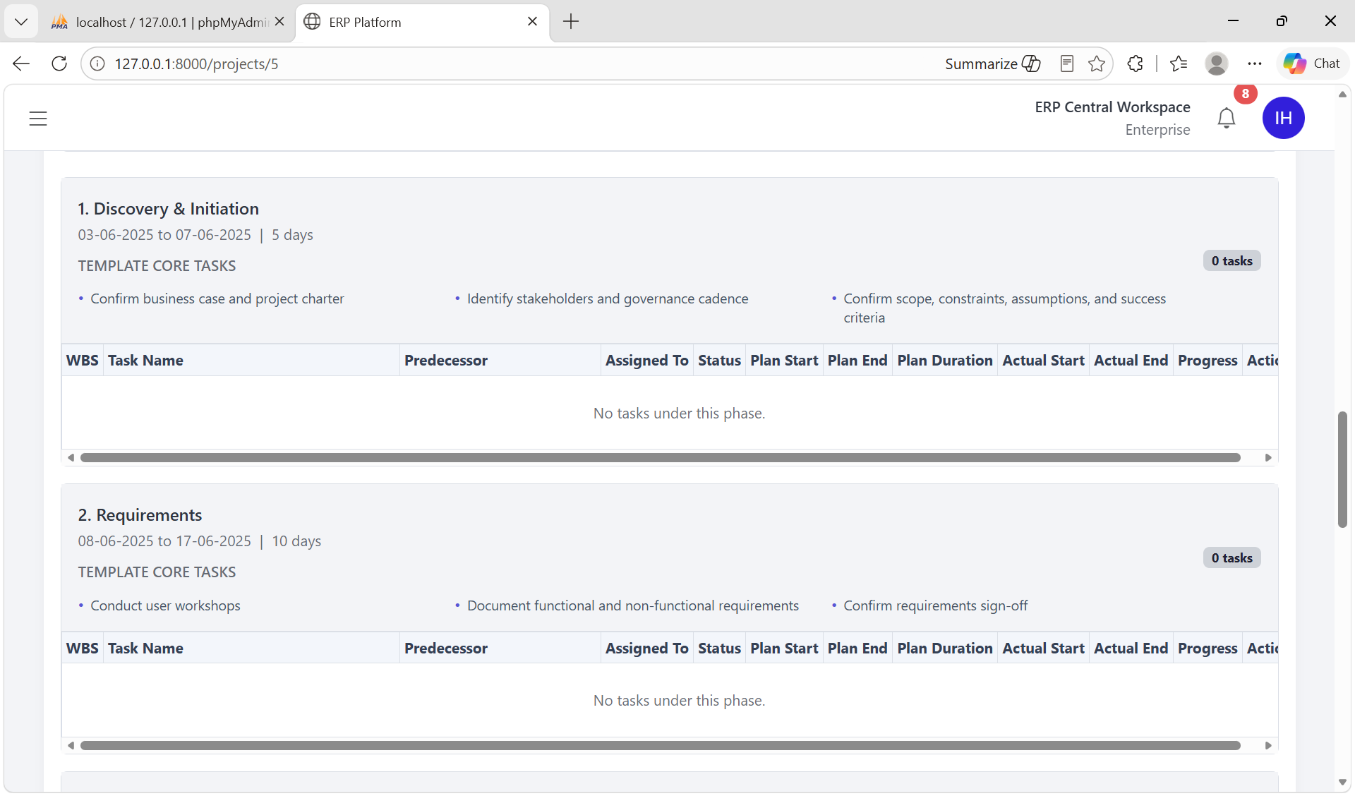 ERP Platform task workspace with project phase details