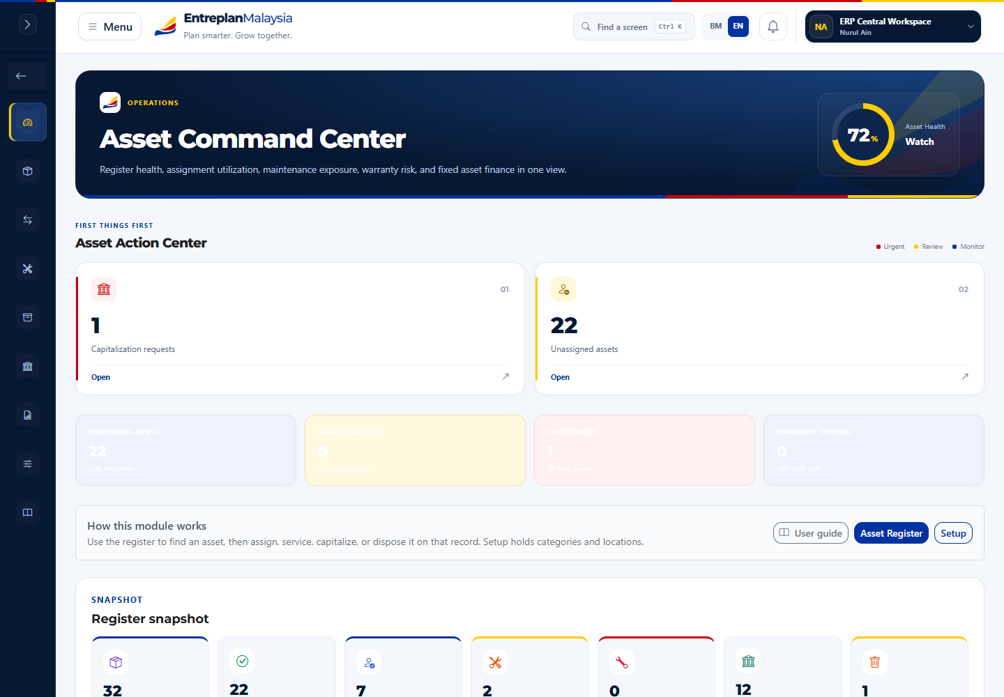 EntreplanMalaysia Asset Command Center screenshot